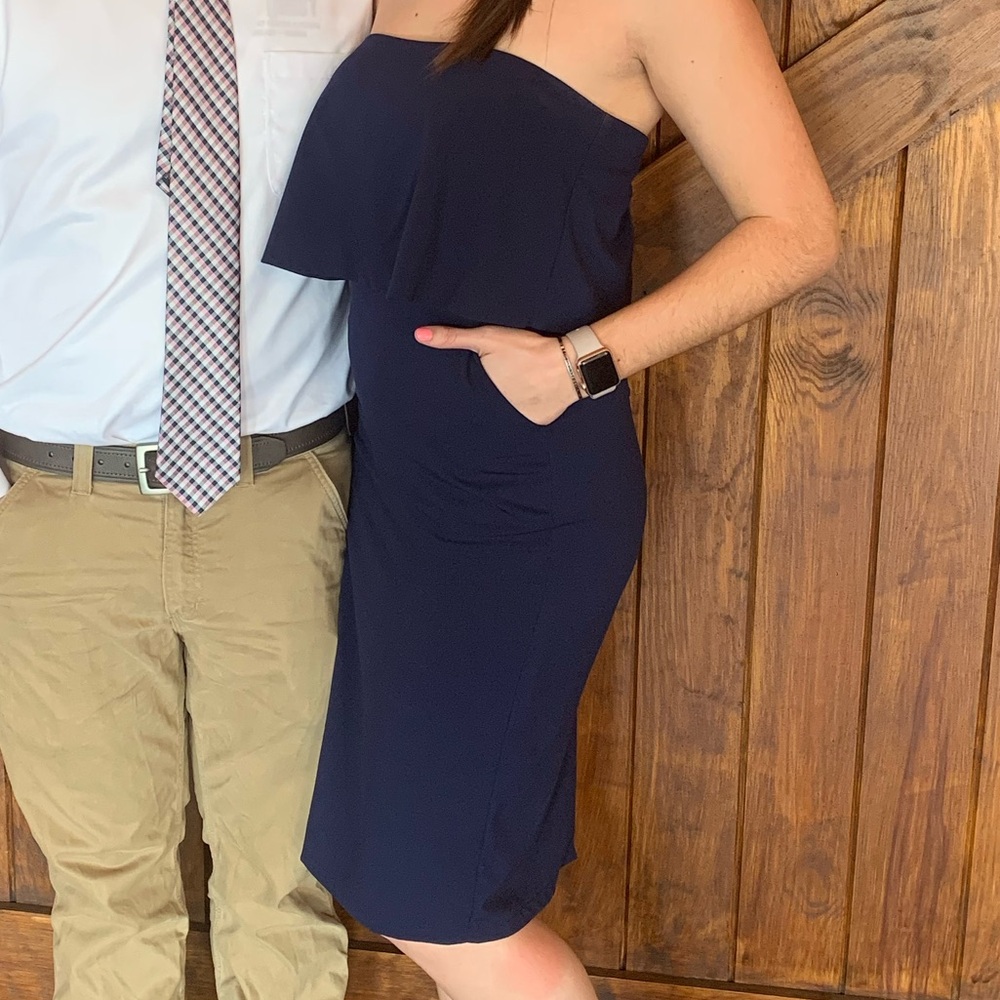 Lulus Lots of Love Strapless Navy Blue Midi Cocktail Dress (M)